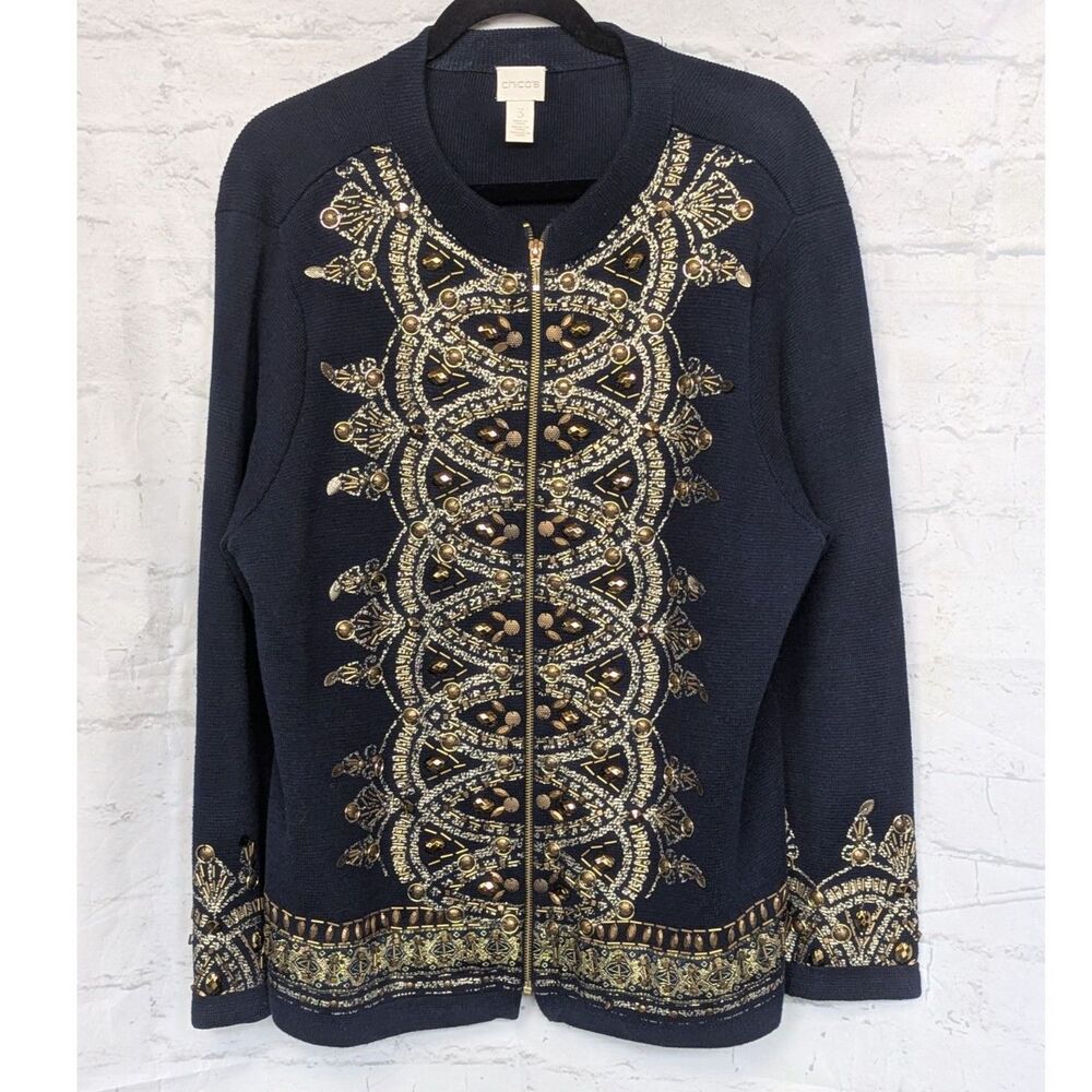 Chico's Navy Blue Gold Beaded Embellished Zip Cardigan Jacket Size 3 / XL